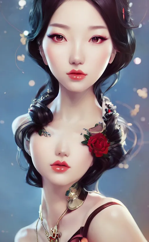 Image similar to a pin up and beautiful fashion charming dreamlke korea girl with lv jewelry, character art, art by artgerm lau and kyoung hwan kim and and ilya kuvshinov and john singer sargent, hyperdetailed, 8 k realistic, symmetrical, frostbite 3 engine, cryengine, dof, trending on artstation, digital art