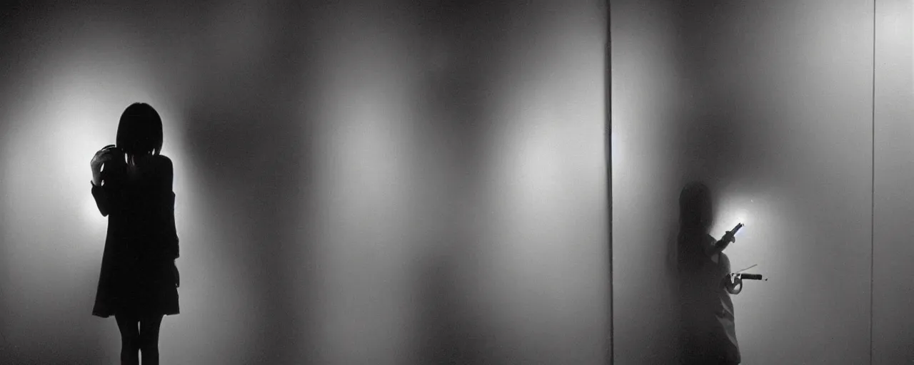 Image similar to foggy neon night, sayaka isoyama leaning back against a wall in a black minidress smoking a cigarette outside a neon lit entrance, 1 9 7 0 s, intricate, moody, tasteful, intimate, highly detailed, short focus depth, artgerm, henri cartier bresson