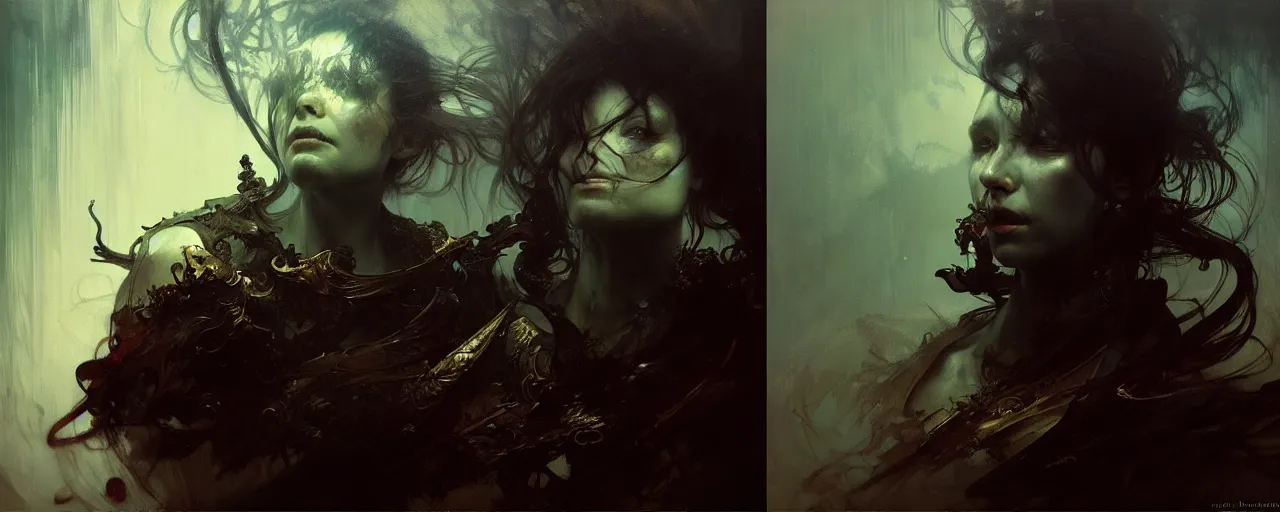 Image similar to several renditions of Stańczyk by Jan Matejko, intricate concept art, ethereal, ominous, dramatic lighting, Ruan Jia and Jeremy Mann and Alphonse Mucha