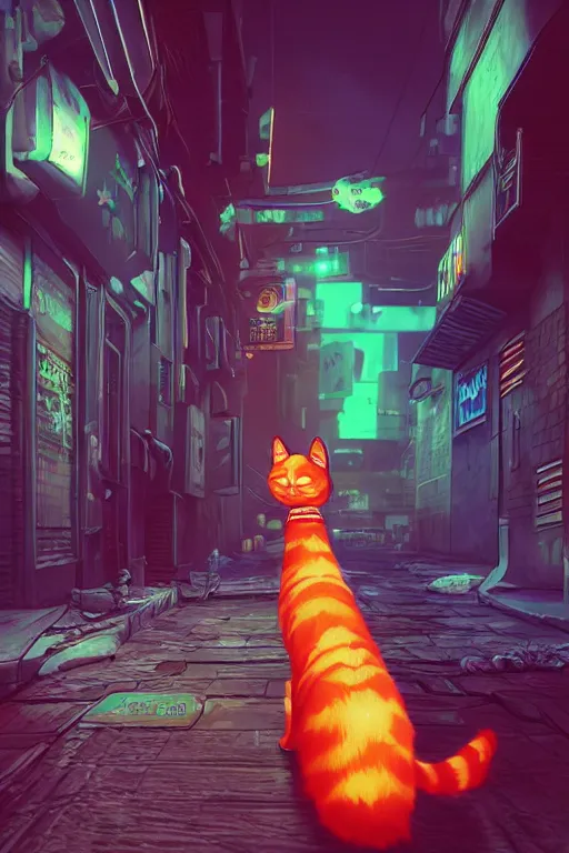 Image similar to cyberpunk ginger cat in the alley, neon lighting, rendered in unreal engine, trending on artstation