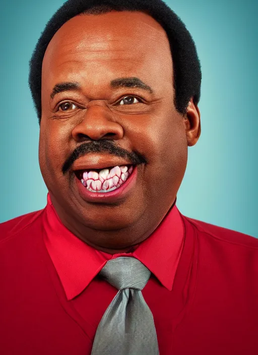 Prompt: ( ( ( portrait of leslie david baker as stanley hudson of the office television series ) ) ) by mike campau, head to waist, red background photorealistic, octane render, vibrant colors, unreal engine, dynamic lighting, perfect factions, very detailed faces, intricate detail, trending on artstation, poster, volumetric lighting, 4 k, award winning