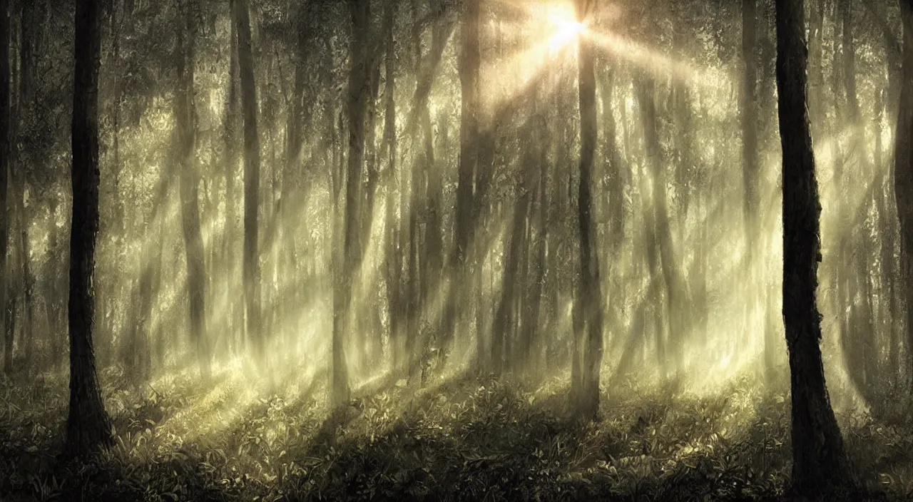 Prompt: forest mist sun beams mysterious scary deep dark hyper realistic detailed graphic novel illustration
