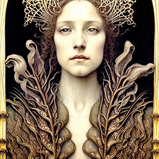 Image similar to detailed realistic beautiful young medieval queen face portrait by jean delville, gustave dore, iris van herpen and marco mazzoni, art forms of nature by ernst haeckel, art nouveau, symbolist, visionary, gothic, pre - raphaelite