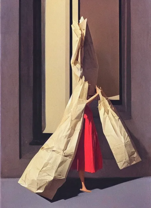 Image similar to woman in dress made from plastic bag with paper bags for clothes standing inside paper bags with paper bag over the head at store display Edward Hopper and James Gilleard, Zdzislaw Beksinski, highly detailed