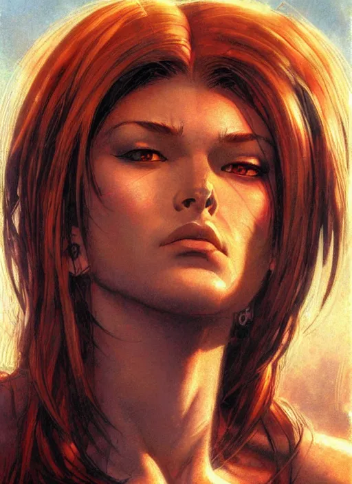 Image similar to face portrait, female from x men, by greg staples, frank frazetta, dorian cleavenger, sharp focus, intricate, summer day, sunlight, soft lighting, detailed