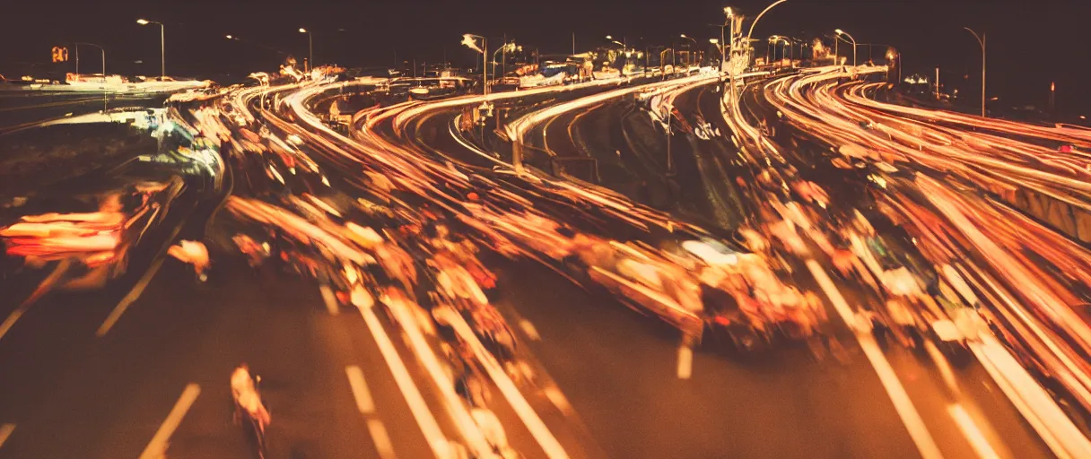 Image similar to nighttime on a Highway, Closeup of a man and a woman hugging, the cars are rushing past them. they are illuminated by the lights, kodak portra, grainy, triadic color scheme