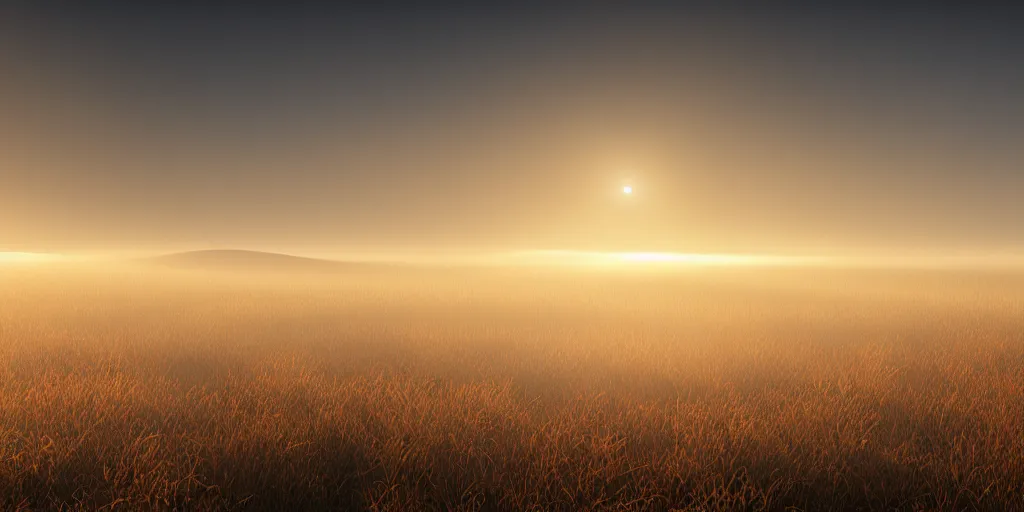 Image similar to Dutch moor field, blanket of fog, volumetric lighting, beautiful, golden hour, sharp focus, ultra detailed, cgsociety