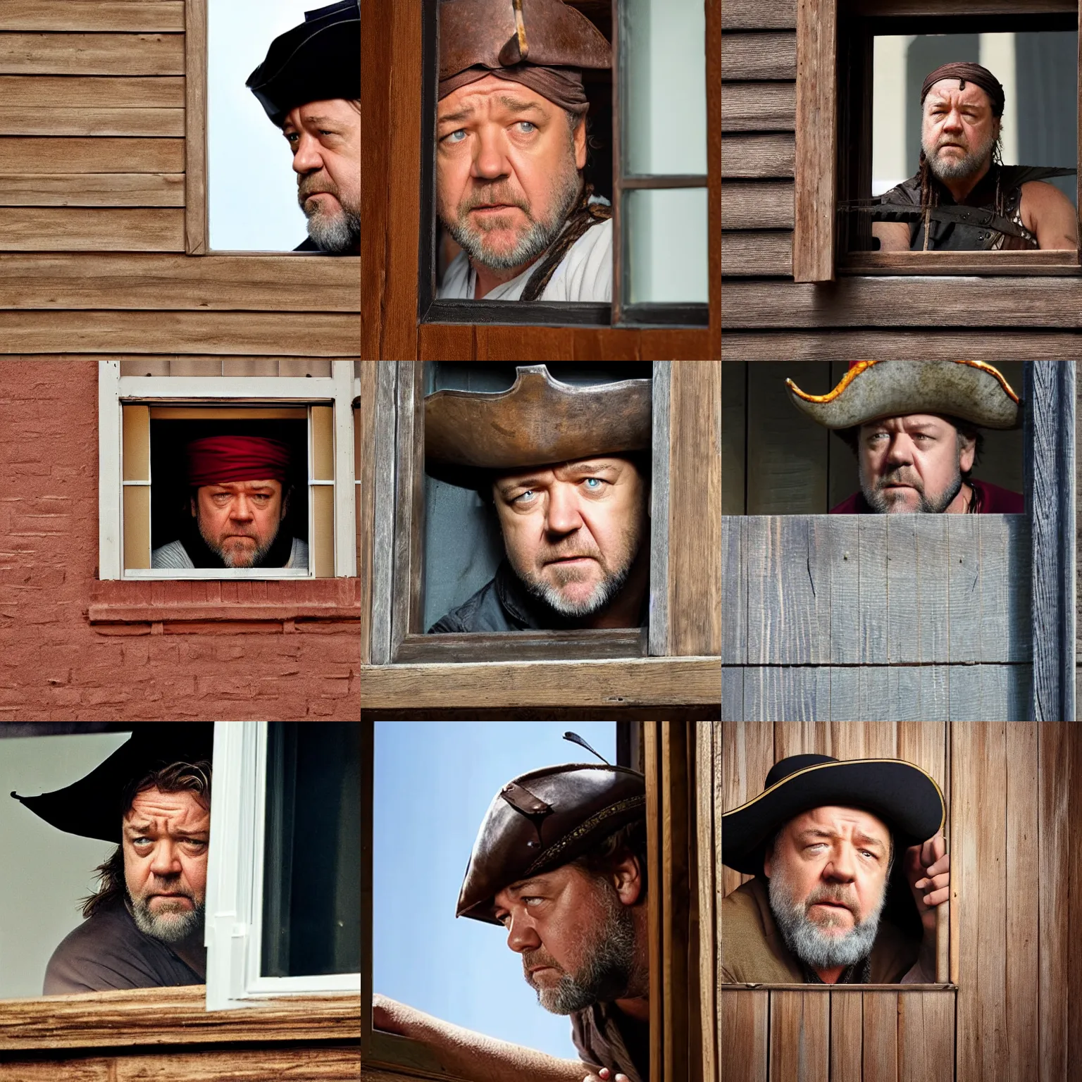 Image similar to concerned russell crowe with pirate hat peering out from a small window, wooden wall