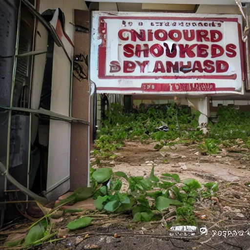 Image similar to a ransacked grocery store, broken signs, filthy flooring. Vines growing. Award-winning photo. OM system 12–40mm PRO II 40mm, 1/100 sec, f/2 8, ISO 800