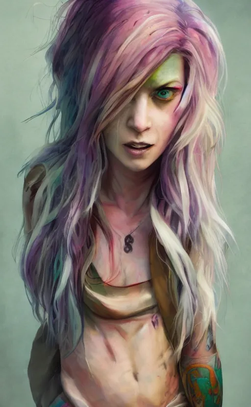 Prompt: a grungy white woman with rainbow hair, drunk, angry, soft eyes and narrow chin, dainty figure, long hair straight down, torn overalls, basic white background, side boob, symmetrical, single person, style of by Jordan Grimmer and greg rutkowski, crisp lines and color,