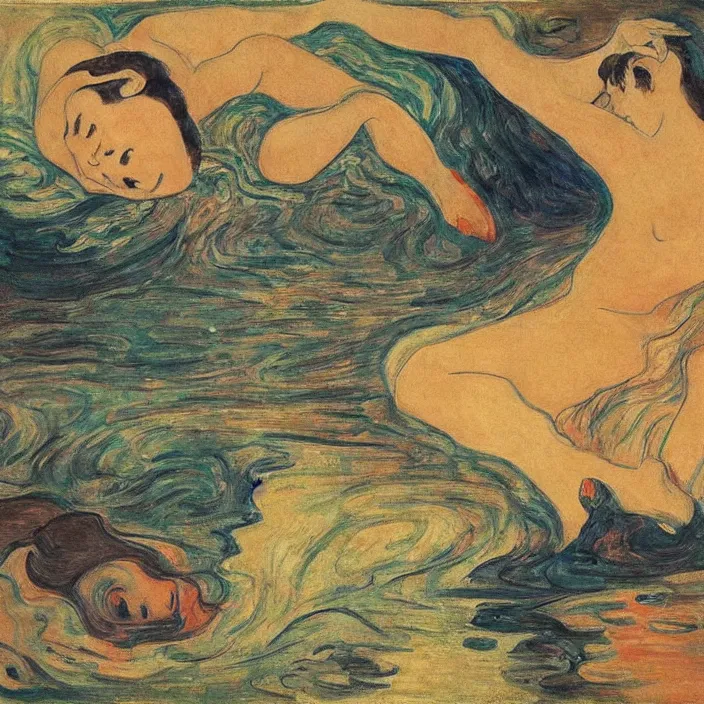 Prompt: shunga scene with turbulent river. painting by munch, agnes pelton, egon schiele, henri de toulouse - lautrec, utamaro, monet