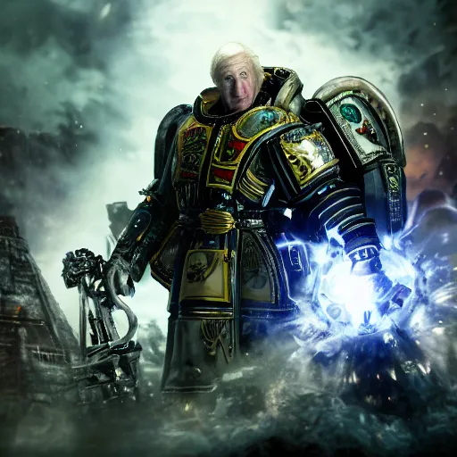 Image similar to Portrait of Jimmy Saville as the emperor of humanity from warhammer 40k in Gears of War, splash art, movie still, cinematic lighting, dramatic, octane render, long lens, shallow depth of field, bokeh, anamorphic lens flare, 8k, hyper detailed, 35mm film grain