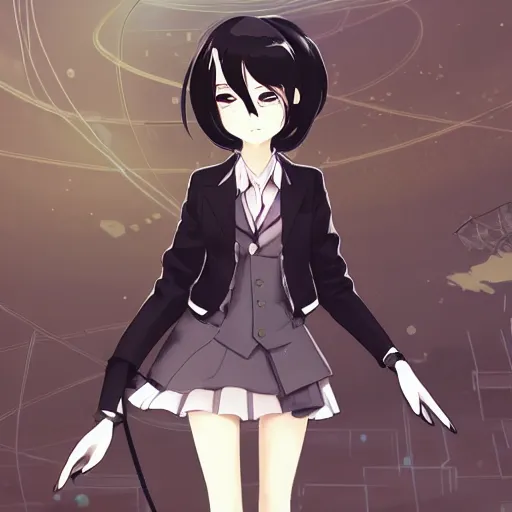 Image similar to luxury advertisement, astonishing portrait of a very beautiful anime schoolgirl with black bob hair in style of cytus and deemo, full perfect face, she is dancing, set in Half-life. Realistic, highly detailed background, artstation, 120 degree view, drawn by Sasoura, Satchely, studio ghibli and Akihiko Yoshida, sharp focus, smooth, 8k, clear face, no distortion