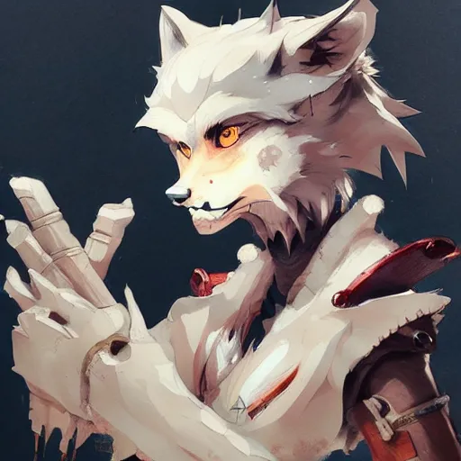 Image similar to concept art of anthropomorphized wolf, highly detailed painting by dustin nguyen, akihiko yoshida, greg tocchini, 4 k, trending on artstation, 8 k