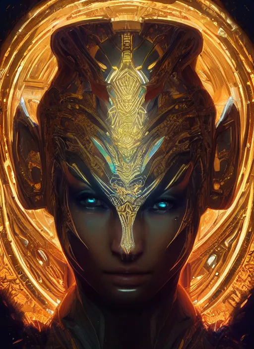 Image similar to symmetry!! portrait of gold alien in the style of horizon zero dawn, machine face, intricate, elegant, highly detailed, digital painting, artstation, concept art, smooth, sharp focus, illustration, art by artgerm and greg rutkowski and alphonse mucha, 8 k