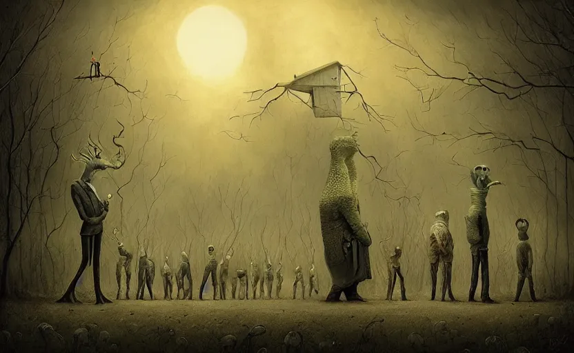 Image similar to a surreal painting of many bizarre otherworldly creatures standing in a small eerie village, by anton semenov and alex andreev