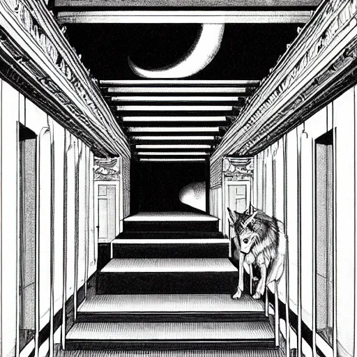 Image similar to a giant wolf in a huge bright maze of many doorways and lots of stairs, many doorways, inside MC Escher architecture, artstation, Junji Ito, epic composition