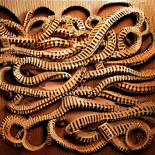 Image similar to tentacles made of brown corrugated cardboard, cut out of cardboard, realistic photography, fantasy