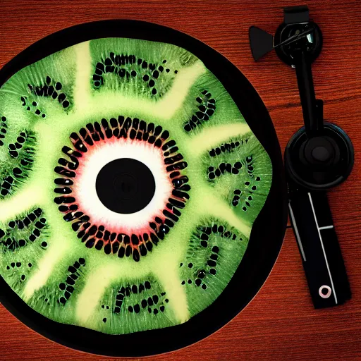 Image similar to product shot of vinyl turntable vinyl record with texture of kiwi fruit, 4 k, unreal render, by blender guru, syntwave colors