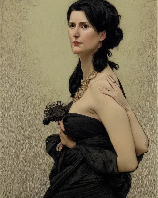 Image similar to portrait of a tall 4 0 - year - old woman with thin lips, long, lush black hair gathered on the head, and thick eyebrows, wearing in black clothes, aristocratic appearance, hyper realistic face, beautiful eyes, close up, fantasy art, in the style of greg rutkowski, intricate, alphonse mucha, hyper detailed, smooth