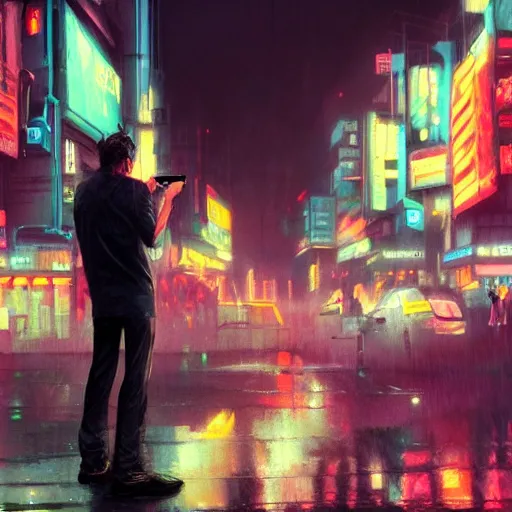 Prompt: man smoking taking picture with disposable camera in the crowded street of a cyberpunk city, rain, harsh neon lights, highly detailed, digital painting, trending on artstation, concept art, sharp focus, illustration, art by artgerm and greg rutkowski and magali villeneuve