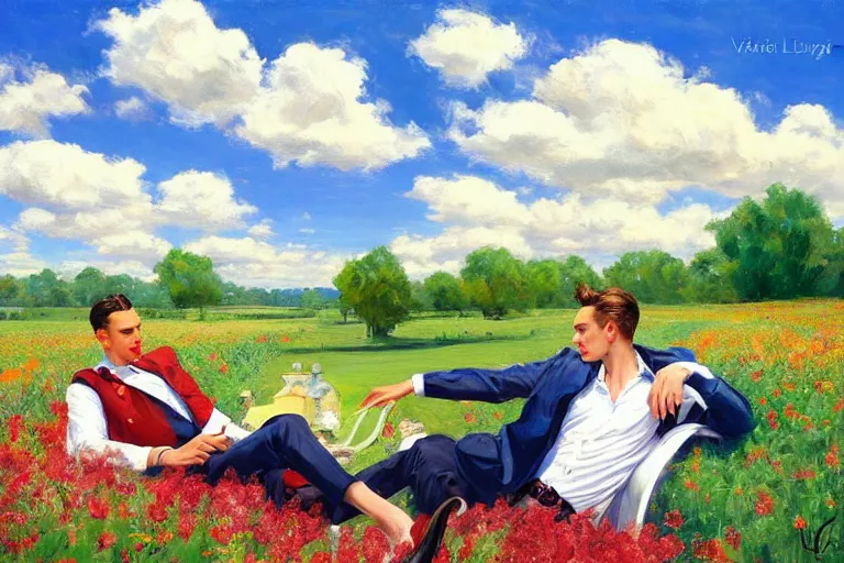 Image similar to 2 attractive men sitting on a coach in flower field, blue sky with clouds, painting by vladimir volegov, j. c. leyendecker, tom of finland, trending on artstation