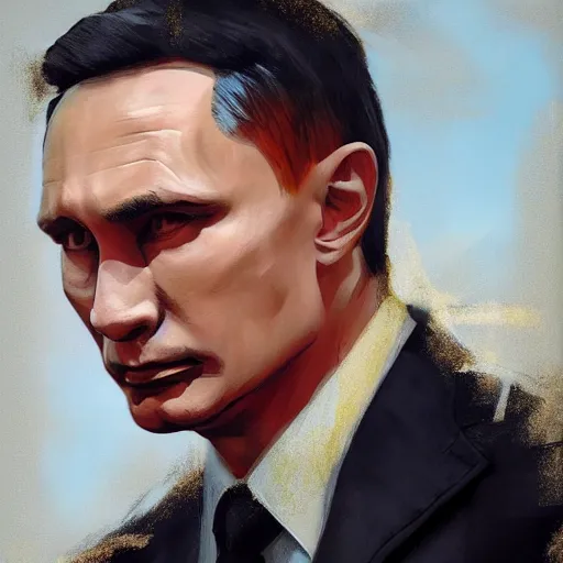 Image similar to Portrait painting Vladmir putin wearing a jacket and a collar, as an Overwatch character, medium shot, asymmetrical, profile picture, Organic Painting, sunny day, Matte Painting, bold shapes, hard edges, street art, trending on artstation, by Huang Guangjian and Gil Elvgren and Sachin Teng