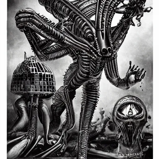 Prompt: an alien attack by H. G. Wells and H.R. Giger, fantasy, blood, highly detailed