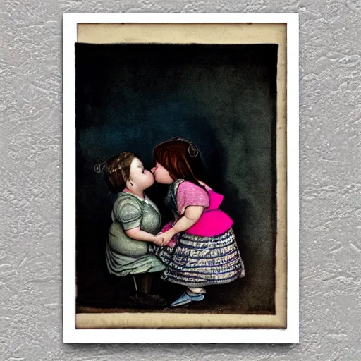 Image similar to the same style. the most beautiful little fat sweet girl is kissing a huge colorful cute fish. modern etching. colored print. hype realistic scene. old photography style. studio lighting. window