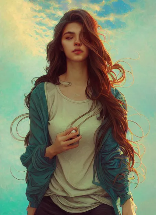 Image similar to handsome young women with shoulder length brown hair, half body shot, path traced, highly detailed, high quality, digital painting, alena aenami, lilia alvarado, shinji aramaki, karol bak, alphonse mucha, tom bagshaw