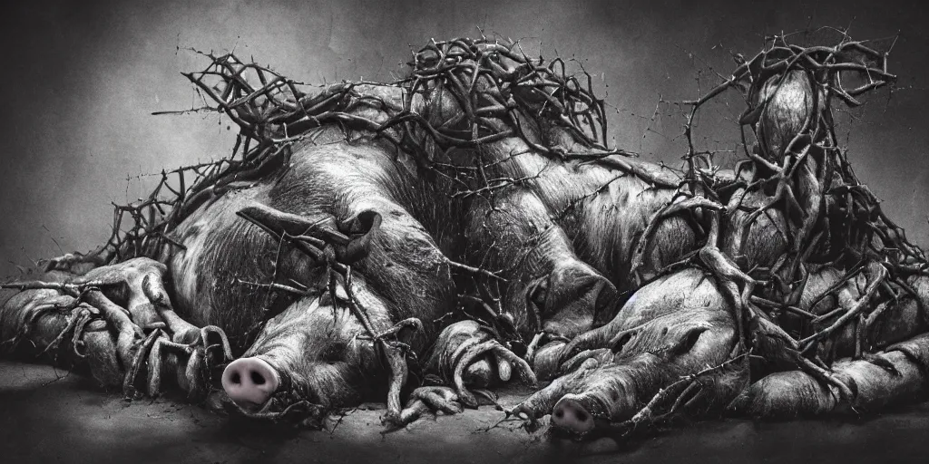 Image similar to a highly detailed realistic photographic render of swarm of corpses worshipping a severed head of a pig with crown of thorns , dead souls, religious sculpture, creepy, cinematic lighting, cinematic scene, Volumetric lighting, Atmospheric scene, Dark, Horror, Atmospheric lighting, Global illumination, realistic, photo realism, hyper realistic, hyper realism, photo realisitc, cinematic render, film, beautifully lit, ray traced, octane 3D render, octane render, unreal engine