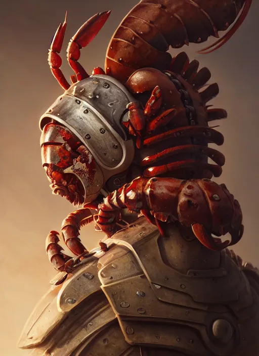 Prompt: subsurface scattering, white, lobster, centurion with face mask and plume, by jesper ejsing, justin gerard, tomasz alen kopera, cgsociety and fenghua zhong, highly detailed, rim light, cinematic lighting, illustration, art, octane render, very coherent, cinematic, hyper realism, high detail, octane render, 8 k