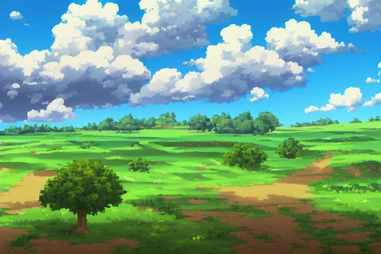 Image similar to landscape, summer, morning, beautiful cloud, quiet, no people, Anime Background, illustration, sharp focus, intricate, super wide angle, trending on artstation, trending on deviantart, pixelart, pixelperfect, pixel art, pixel, color limit, nearest neighbor, hard edges, art of Kirokaze pixel, art of Regular FHC, art of Pixel Jeff Franek, art of Aaron Hain, art of kryssalian