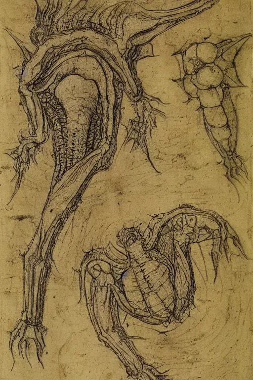 Image similar to manuscript page with diagrams of shoggoths by leonardo da vinci, sketches, scientific studies, anatomy studies, academic art, intricate