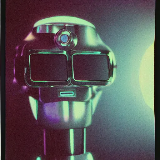 Prompt: cyber - polaroid of a cyborg robot with glasses, soft emotion, cybernetic, ethereal curtain, starburst, chrome vortex, vibrant scattered light, reflective glass, lcd screen, 1 9 6 0 s, computer - generated, dreamy