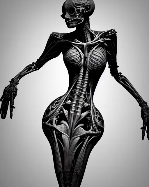 Image similar to a black and white 3D render of an elegant full figure young female angelic-dragon-cyborg with a very long neck, Mandelbrot fractal, anatomical, flesh, facial muscles, veins, arteries, full frame, microscopic, highly detailed, flesh ornate, elegant, high fashion, rim light, 150 mm lens, octane render in the style of H.R. Giger and Man Ray, Realistic, Refined, Digital Art, Highly Detailed, Cinematic Lighting, rim light, photo-realistic Unreal Engine, 8K