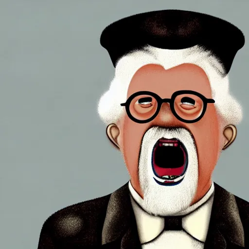 Image similar to deranged and angry colonel sanders, portrait, intense emotion, high detail,