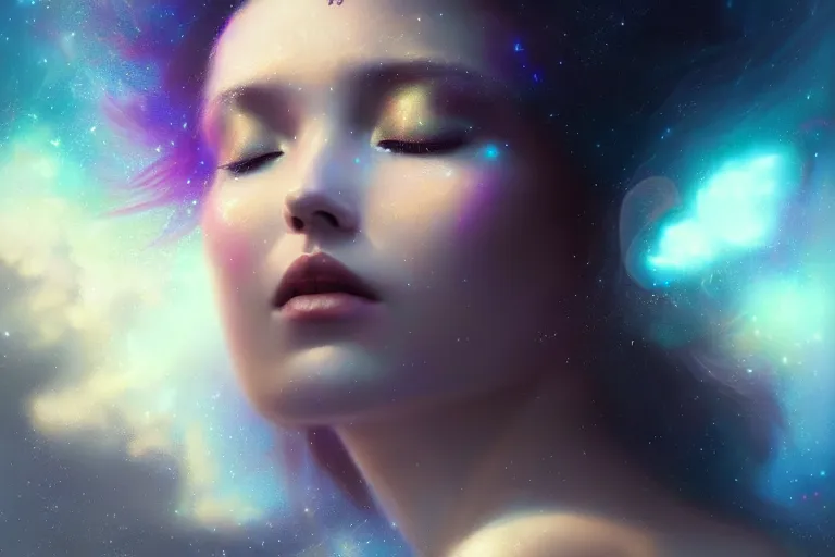 Prompt: a beautiful portrait of a female goddess surrounded by fluffy clouds with closed eyes, galaxy theme colors, galaxy theme colors, ultra realistic digital art by Greg Rutkowski and Raymond Swanland, Trending on Artstation, ultra realistic digital art, ultra realistic digital art