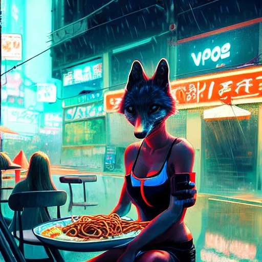 Image similar to splash art of anthropomorphic female vulpes vulpes fulva woman at a noodle stand eating ramen in the crowded street of a cyberpunk city, rain, harsh neon lighting, realistic, ultra detailed, by greg rutkowski, wlop, sakimichan, artgerm