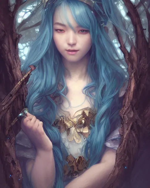 Image similar to stunningly beautiful female blue hair, cute korean actressr, fantasy art, fae priestess, lush dark forest landscape, fireflys at night, sharp focus, digital painting, 8 k, concept art, art by wlop, artgerm, greg rutkowski and alphonse mucha