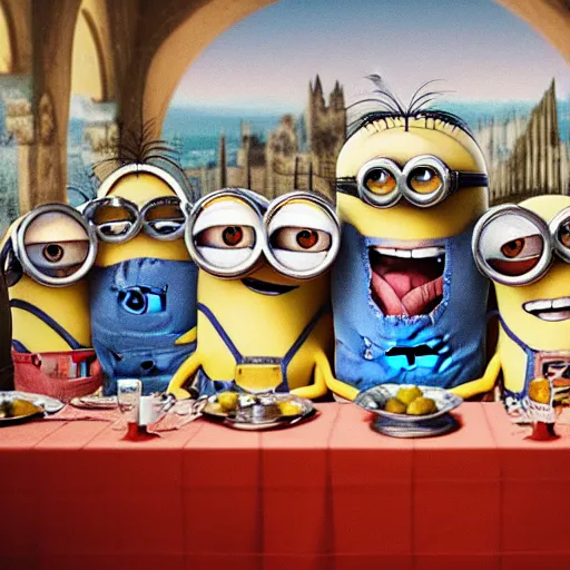 Prompt: minions at the last supper,