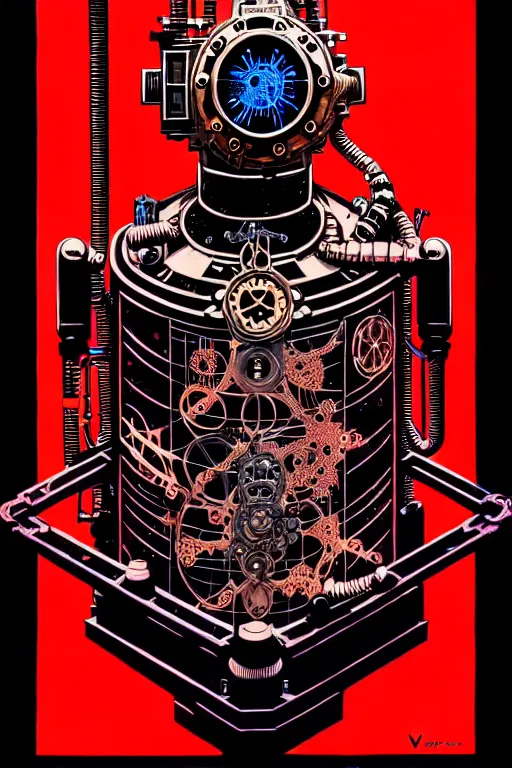 Image similar to steampunk cryo chamber containing an cyborg, high details, intricately detailed, by vincent di fate, inking, 3 color screen print, masterpiece, trending on artstation,, sharp, details, hyper - detailed, hd, 4 k, 8 k