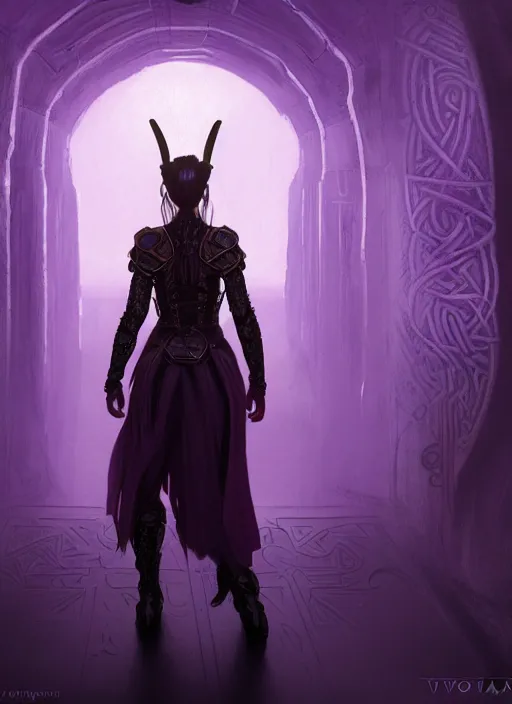 Image similar to back, behind, facing away from viewer, portrait of a woman in purple leather future armor with a long black ponytail, walking down a hallway filled with glowing runes, intricate, elegant, rune light, highly detailed, digital painting, artstation, concept art, smooth, sharp focus, illustration, art by wlop, mars ravelo and greg rutkowski