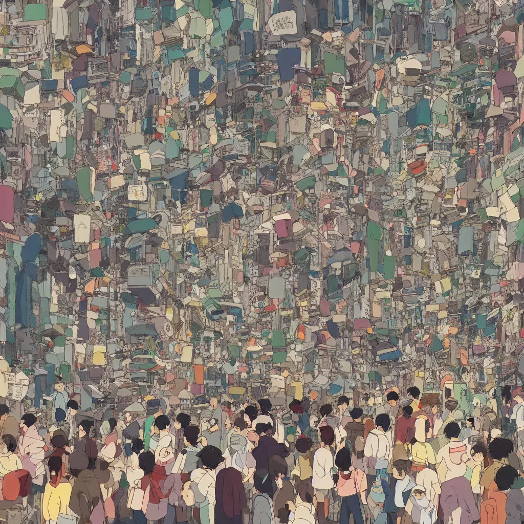 Prompt: Still from Studio Ghibli movie 'Lost in Crowded Tokyo', very detailed, focused, colorful, artstation