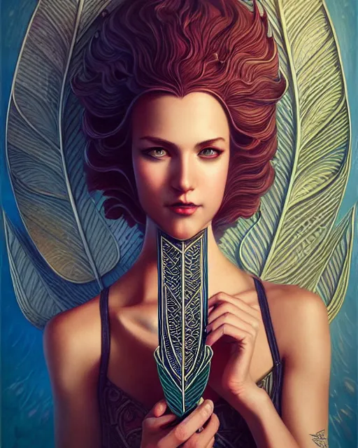 Image similar to Beautiful and playful rock guitarist portrait, art deco, fantasy, intricate art deco leaf designs, elegant, highly detailed, sharp focus, art by Artgerm and Greg Rutkowski and WLOP