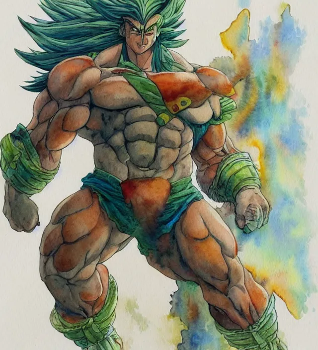 Prompt: a 3 / 4 view watercolor ink painting of broly as the god of war in the style of jean giraud in the style of moebius trending on artstation deviantart pinterest detailed realistic hd 8 k high resolution