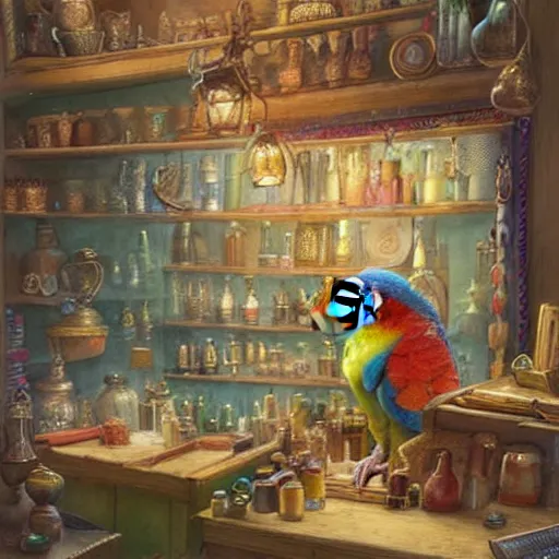 Image similar to Anthropomorphized parrot trader in his shop, selling his wares, portrait, items, magic potions, carpet, window, fancy hat, sly expression , cunning expression, cute expression, D&D, fantasy, cinematic lighting, highly detailed, digital painting, artstation, concept art, smooth, sharp focus, illustration, warm light, cozy warm tint, magic the gathering artwork, volumetric lighting, 8k, art by Akihiko Yoshida, Greg Rutkowski