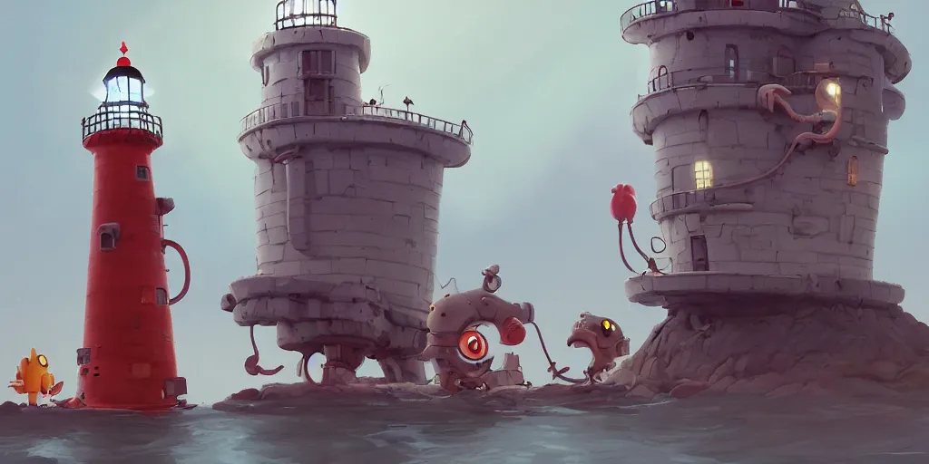 Image similar to cute cartoon monster building a lighthouse by Goro Fujita and Simon Stalenhag , 8k, trending on artstation, hyper detailed, cinematic