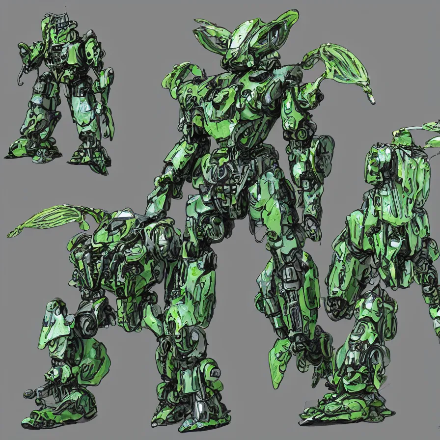 Prompt: waterlily themed amphibious power armor. mobile suit textured like water lettuce, top half is mecha nymphaea flower petals being robotic limbs, waterlily pads, sculpted metal, biomechanical, hyperdetailed, bandai box art, 8 k hd resolution, behance hd artstation. # power armor pistia playing waterlily pad tentacles, 8 k hd resolution