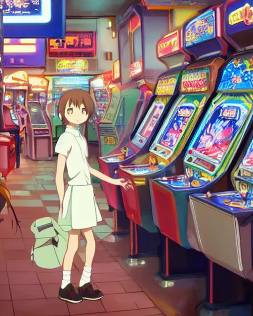 Prompt: a girl at the arcade, full shot, visible face, ambient lighting, detailed, very modern anime style, art by hayao miyazaki, makoto shinkai